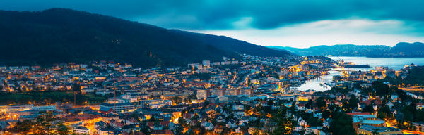 Aerial panoramic view Cityscape of Bergen and harbor from mountain top, Norway